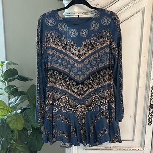 Free People Women's Small Smooth Talker Tunic Mini Dress Blue Flounce Hem